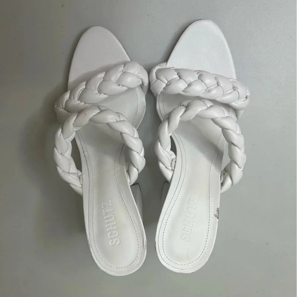 SCHUTZ Braided Leather Chunky Zardha High Block Heel Sandal Size 8.5 B White - Picture 2 of 7